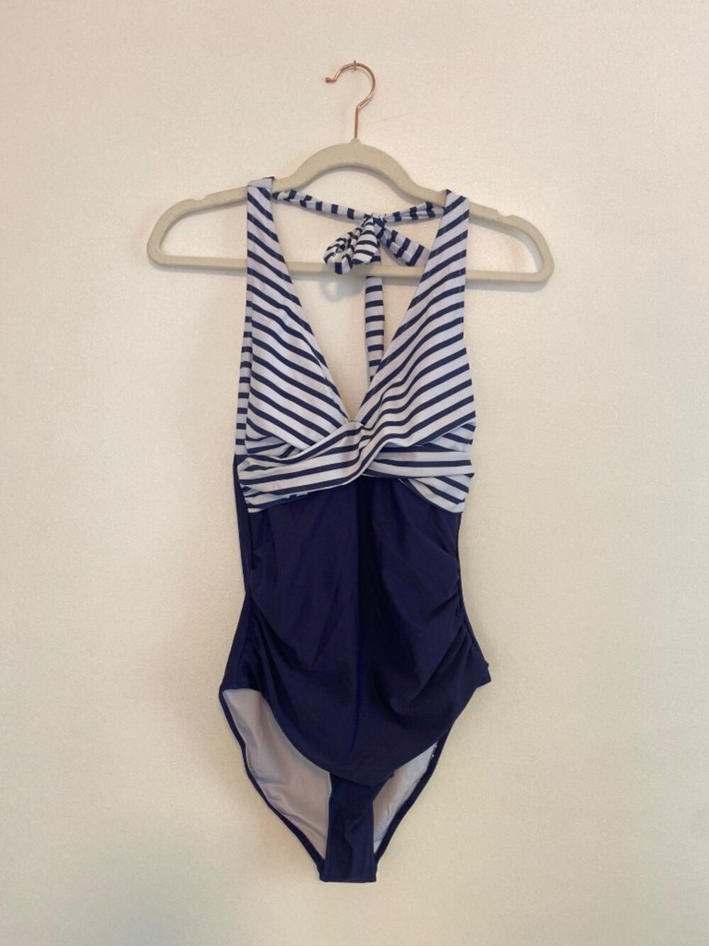 New Women’s Navy & White Striped Halter One-Piece Swimsuit Padded Cups Size S